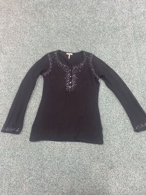 Women's Black Long-Sleeve Embellished Henley Top